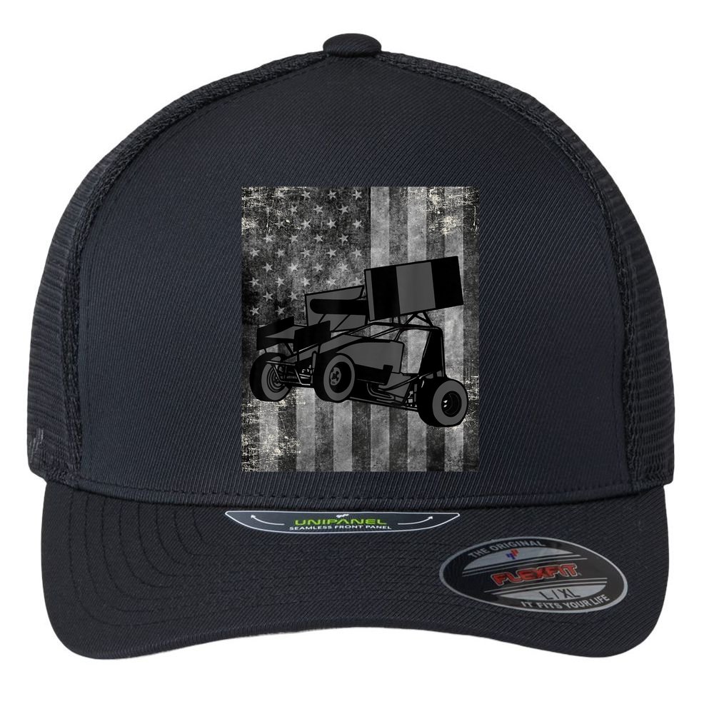 Sprint Car Racing Black Grey American Flag Dirt Track Cars Flexfit Unipanel Trucker Cap