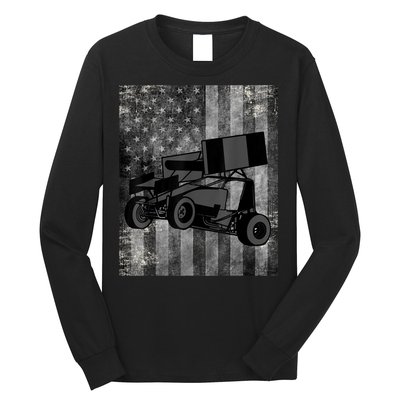 Sprint Car Racing Black Grey American Flag Dirt Track Cars Long Sleeve Shirt