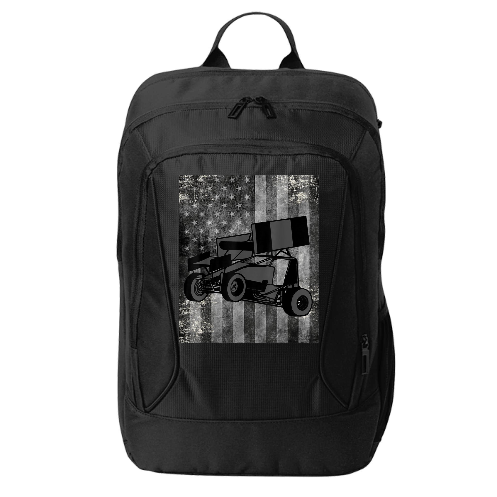 Sprint Car Racing Black Grey American Flag Dirt Track Cars City Backpack
