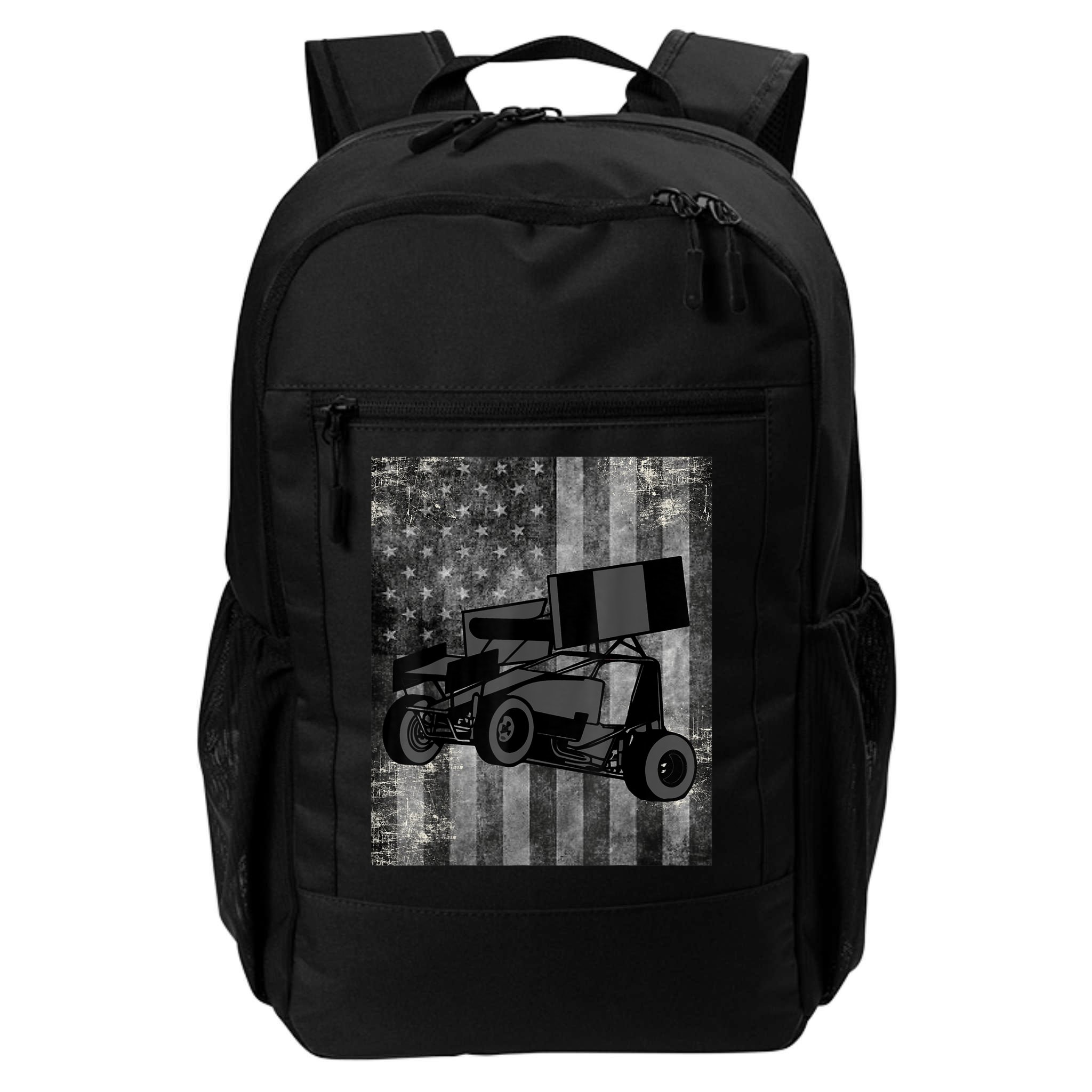 Sprint Car Racing Black Grey American Flag Dirt Track Cars Backpack