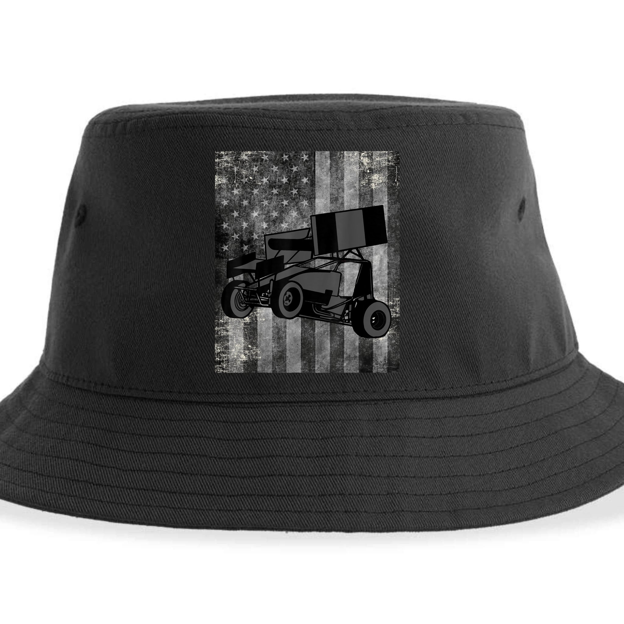 Sprint Car Racing Black Grey American Flag Dirt Track Cars Sustainable Bucket Hat