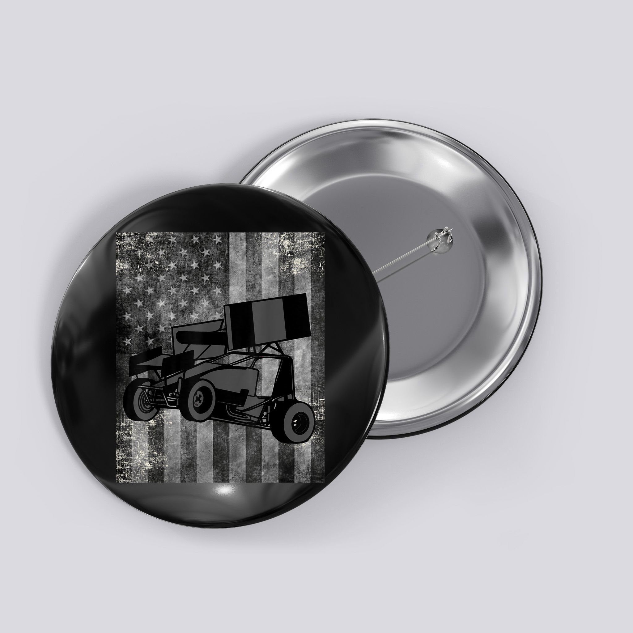 Sprint Car Racing Black Grey American Flag Dirt Track Cars Button