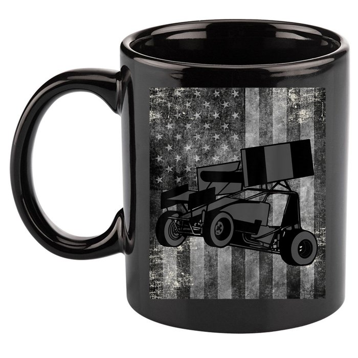 Sprint Car Racing Black Grey American Flag Dirt Track Cars 11oz C Handle Ceramic Mug