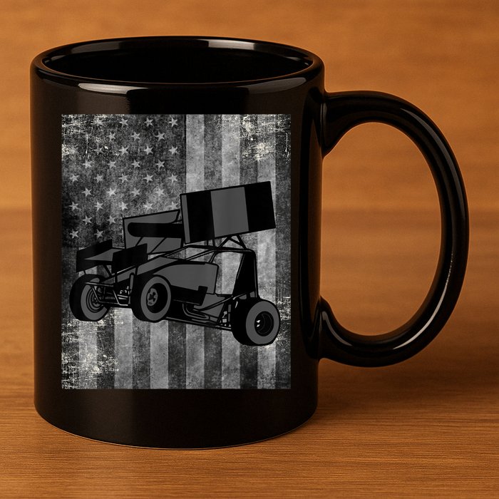 Sprint Car Racing Black Grey American Flag Dirt Track Cars 11oz C Handle Ceramic Mug