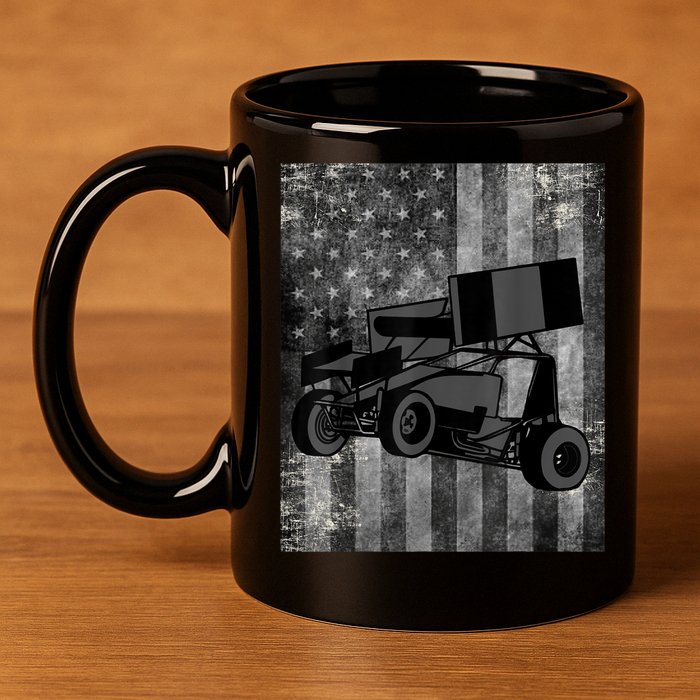 Sprint Car Racing Black Grey American Flag Dirt Track Cars 11oz C Handle Ceramic Mug