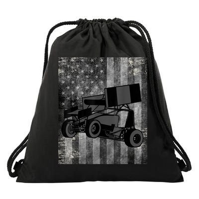 Sprint Car Racing Black Grey American Flag Dirt Track Cars Drawstring Bag