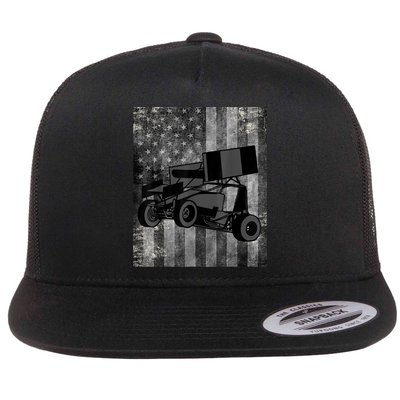 Sprint Car Racing Black Grey American Flag Dirt Track Cars Flat Bill Trucker Hat