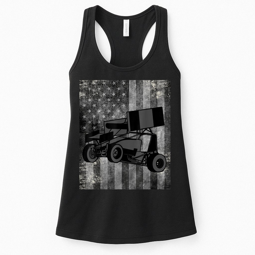 Sprint Car Racing Black Grey American Flag Dirt Track Cars Womens Tank Top