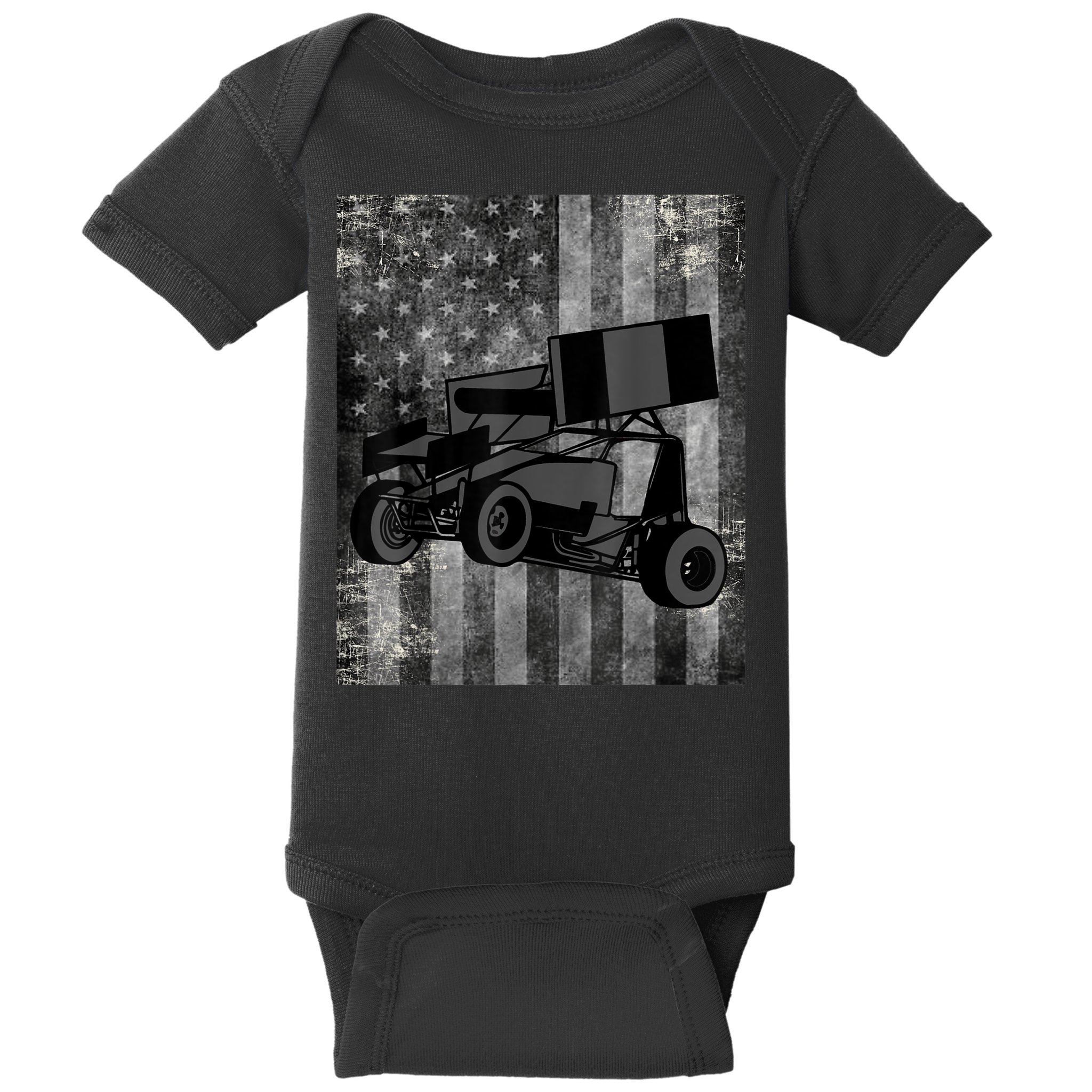 Sprint Car Racing Black Grey American Flag Dirt Track Cars Baby Bodysuit
