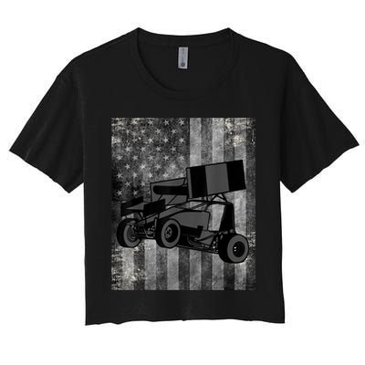 Sprint Car Racing Black Grey American Flag Dirt Track Cars Women's Crop Top Tee