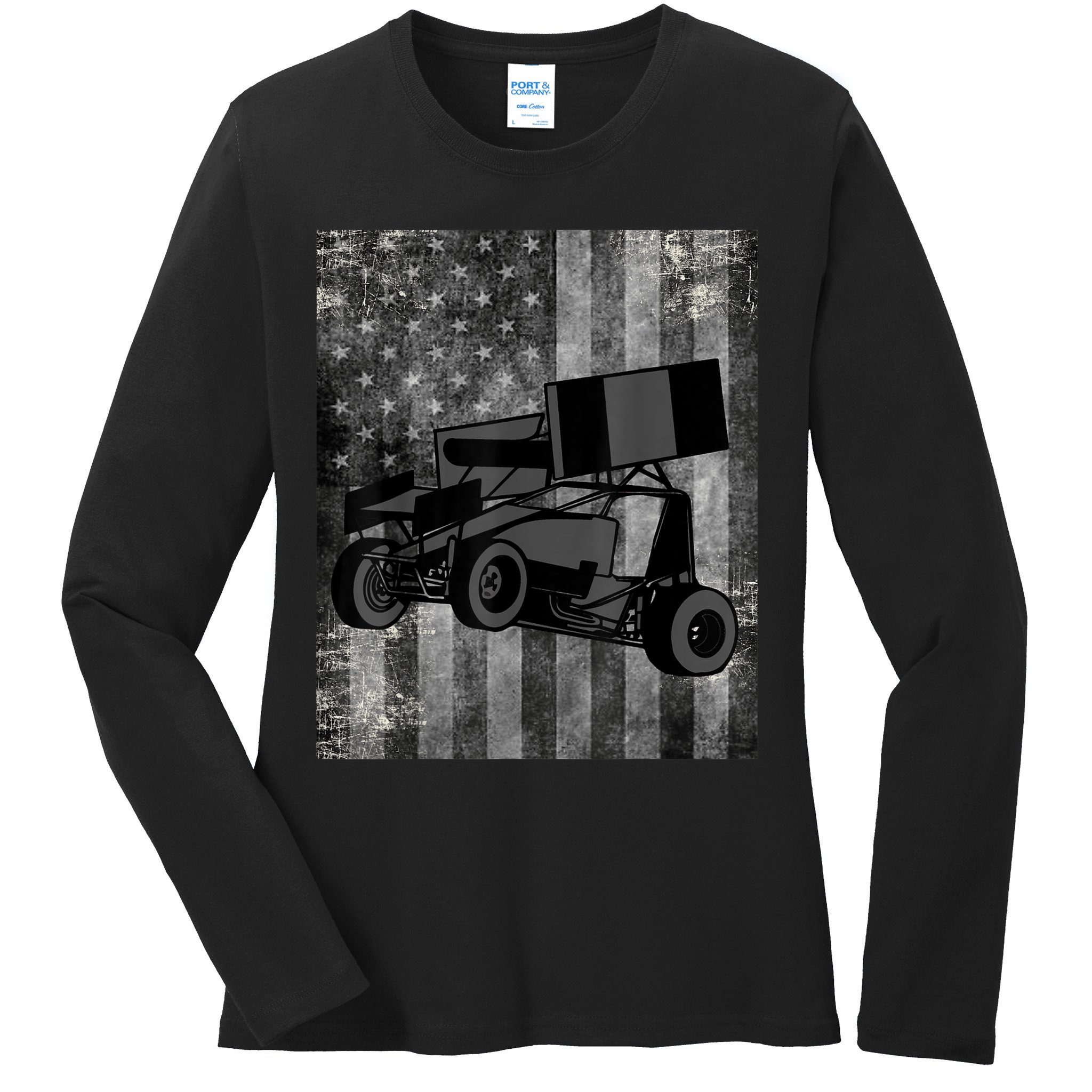 Sprint Car Racing Black Grey American Flag Dirt Track Cars Ladies Long Sleeve Shirt