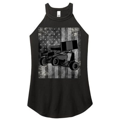 Sprint Car Racing Black Grey American Flag Dirt Track Cars Women's Perfect Tri Rocker Tank