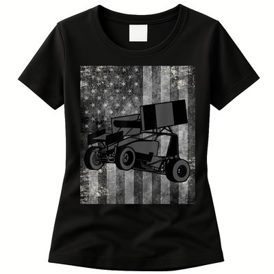 Sprint Car Racing Black Grey American Flag Dirt Track Cars Womens T-Shirt