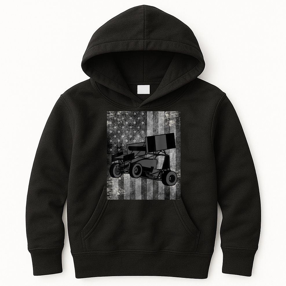 Sprint Car Racing Black Grey American Flag Dirt Track Cars Kids Hoodie