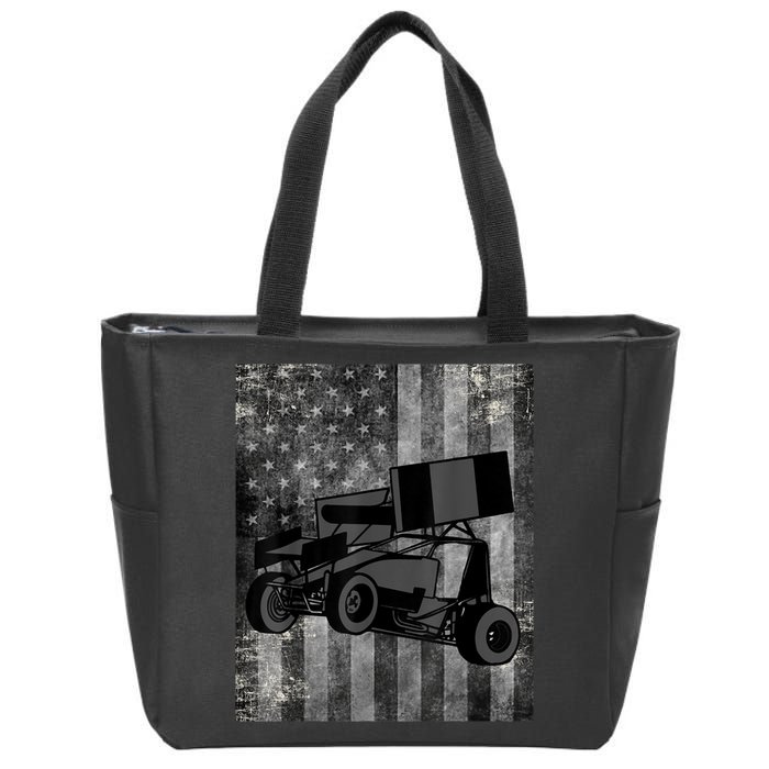 Sprint Car Racing Black Grey American Flag Dirt Track Cars Zip Tote Bag