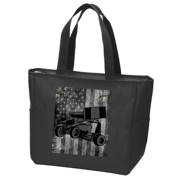 Sprint Car Racing Black Grey American Flag Dirt Track Cars Zip Tote Bag