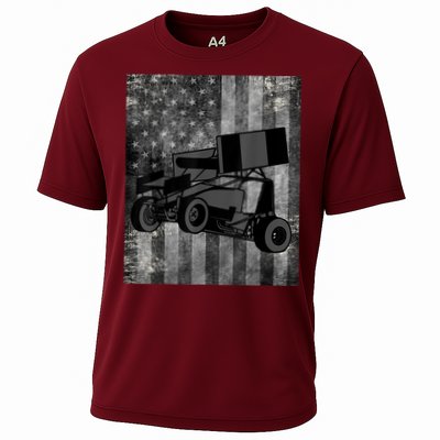 Sprint Car Racing Black Grey American Flag Dirt Track Cars Cooling Performance Crew T-Shirt