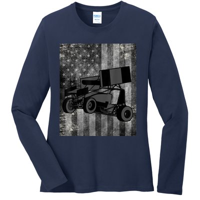 Sprint Car Racing Black Grey American Flag Dirt Track Cars Ladies Long Sleeve Shirt