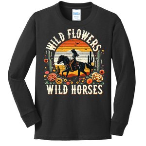 Sunset Cowgirl Riding Horse Wild Flowers Wild Horses Kids Long Sleeve Shirt