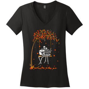 Skeleton Couple Rock On Autumn Tree Swing Playing Guitar Women's V-Neck T-Shirt