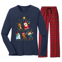 Santa Claus Reindeer Snowman Elf Dabbing Xmas Christmas Women's Long Sleeve Flannel Pajama Set 