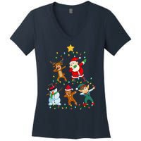 Santa Claus Reindeer Snowman Elf Dabbing Xmas Christmas Women's V-Neck T-Shirt