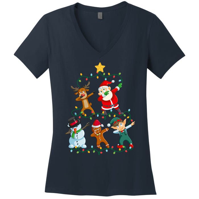 Santa Claus Reindeer Snowman Elf Dabbing Xmas Christmas Women's V-Neck T-Shirt