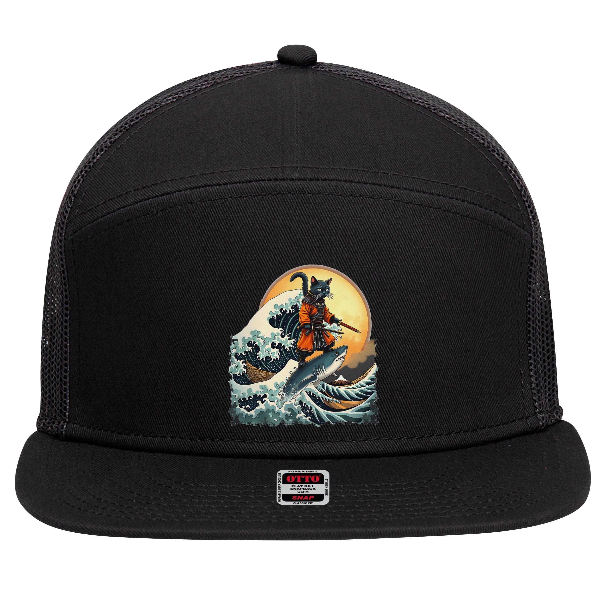 Samurai Cat Riding Shark Epic Wave Cat Lovers Costume 7 Panel Mesh Trucker Snapback Hat