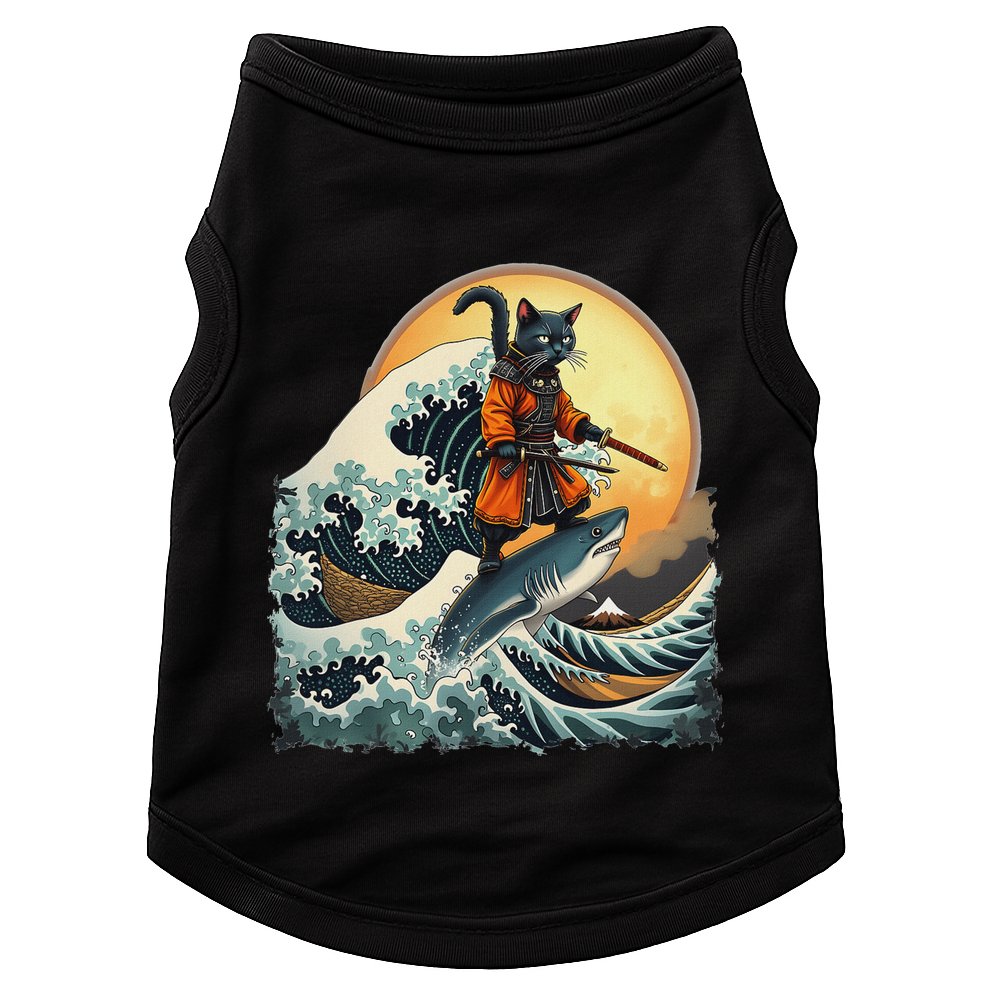 Samurai Cat Riding Shark Epic Wave Cat Lovers Costume Doggie Tank