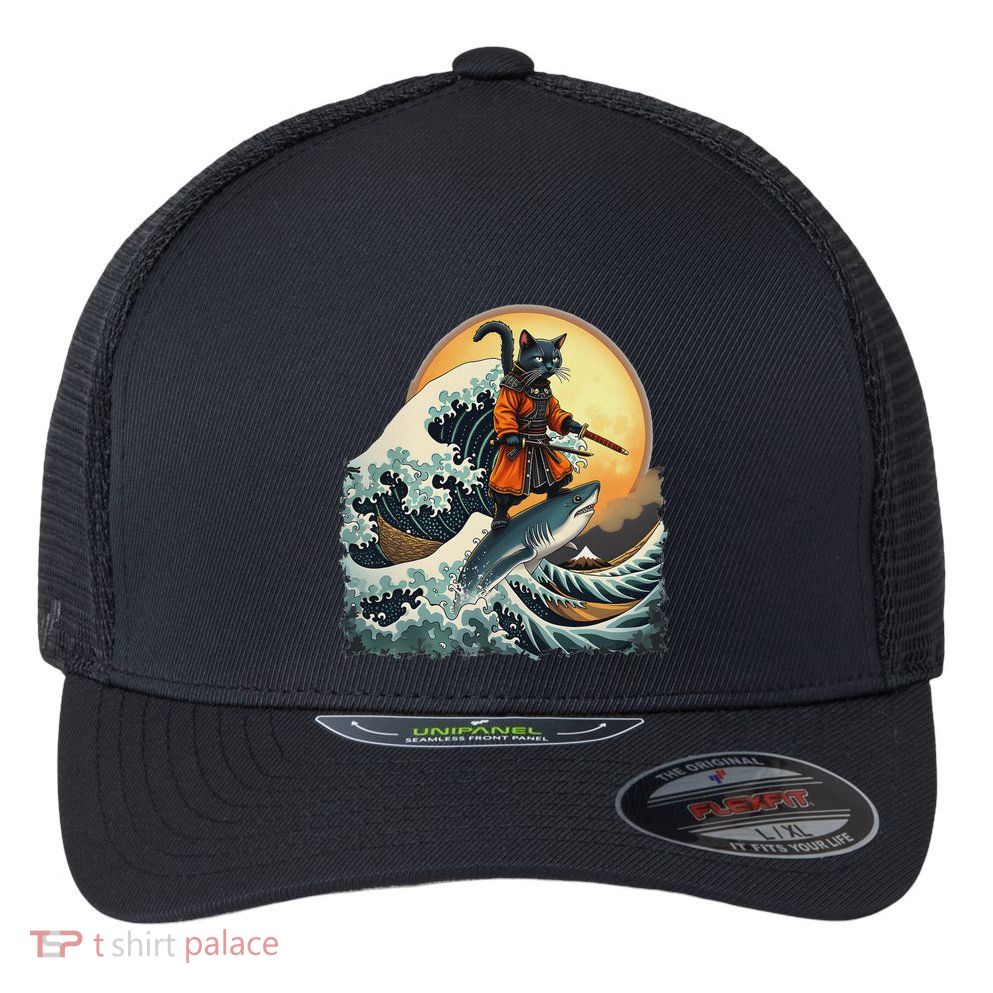 Samurai Cat Riding Shark Epic Wave Cat Lovers Costume Flexfit Unipanel Trucker Cap
