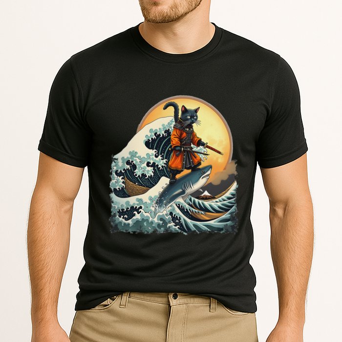 Samurai Cat Riding Shark Epic Wave Cat Lovers Costume Cooling Performance Crew T-Shirt
