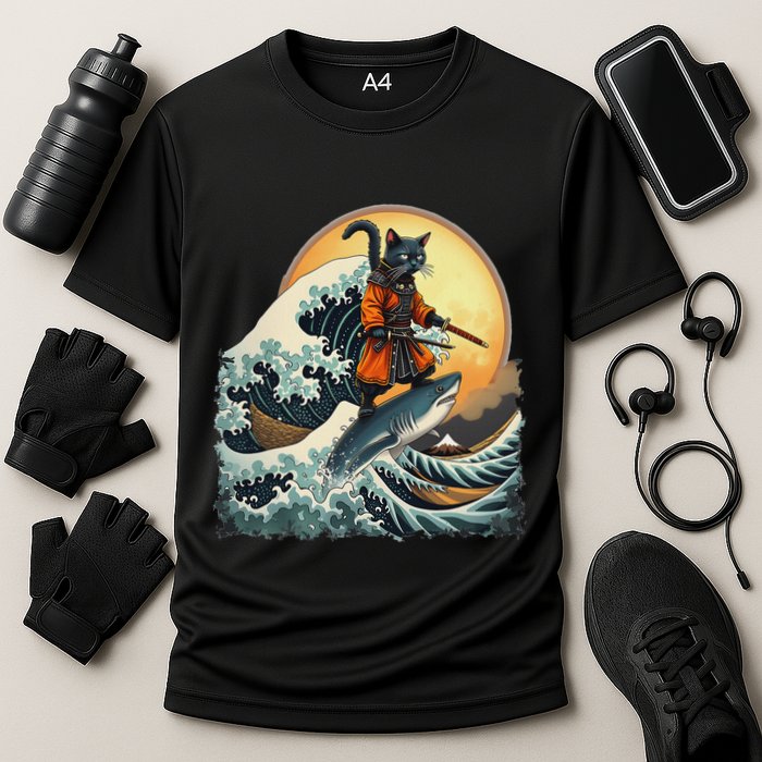 Samurai Cat Riding Shark Epic Wave Cat Lovers Costume Cooling Performance Crew T-Shirt