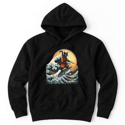 Samurai Cat Riding Shark Epic Wave Cat Lovers Costume Hoodie