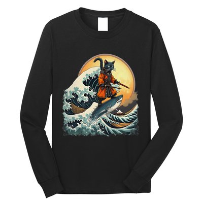 Samurai Cat Riding Shark Epic Wave Cat Lovers Costume Long Sleeve Shirt
