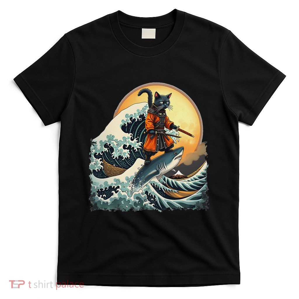 Samurai Cat Riding Shark Epic Wave Cat Lovers Costume T-Shirt