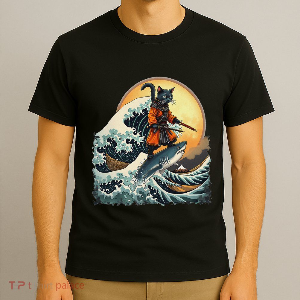 Samurai Cat Riding Shark Epic Wave Cat Lovers Costume T-Shirt