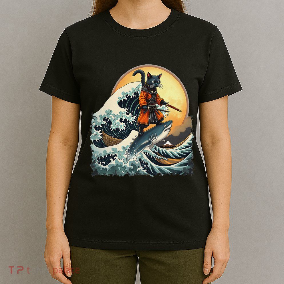 Samurai Cat Riding Shark Epic Wave Cat Lovers Costume T-Shirt