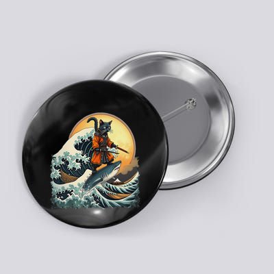Samurai Cat Riding Shark Epic Wave Cat Lovers Costume Button