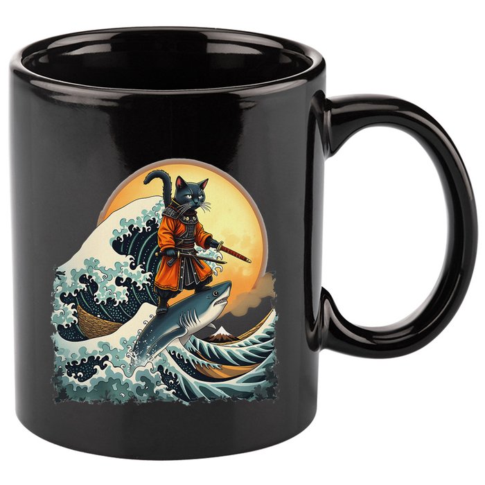 Samurai Cat Riding Shark Epic Wave Cat Lovers Costume 11oz C Handle Ceramic Mug