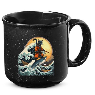 Samurai Cat Riding Shark Epic Wave Cat Lovers Costume 15oz Campfire Ceramic Mug