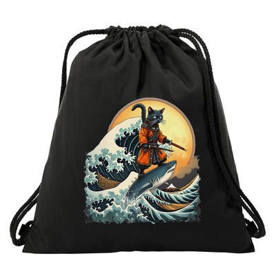 Samurai Cat Riding Shark Epic Wave Cat Lovers Costume Drawstring Bag