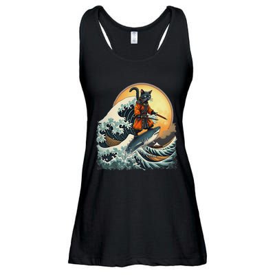 Samurai Cat Riding Shark Epic Wave Cat Lovers Costume Ladies Essential Flowy Tank