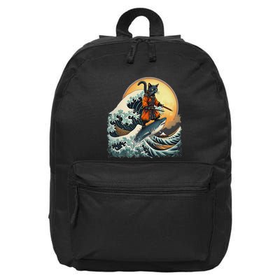Samurai Cat Riding Shark Epic Wave Cat Lovers Costume 16 in Basic Backpack