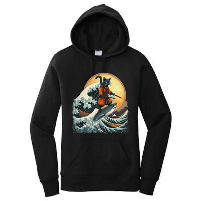 Samurai Cat Riding Shark Epic Wave Cat Lovers Costume Women's Pullover Hoodie