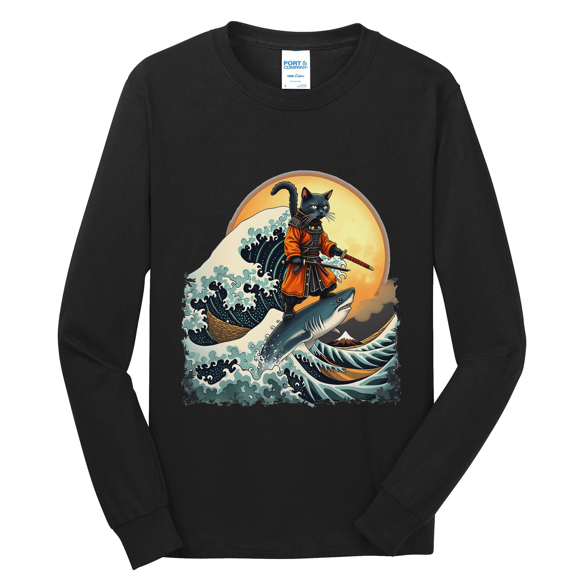Samurai Cat Riding Shark Epic Wave Cat Lovers Costume Tall Long Sleeve T-Shirt