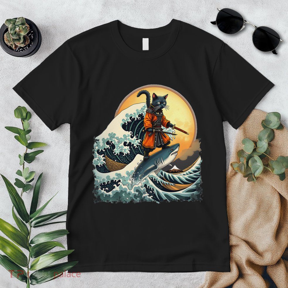 Samurai Cat Riding Shark Epic Wave Cat Lovers Costume Premium T-Shirt