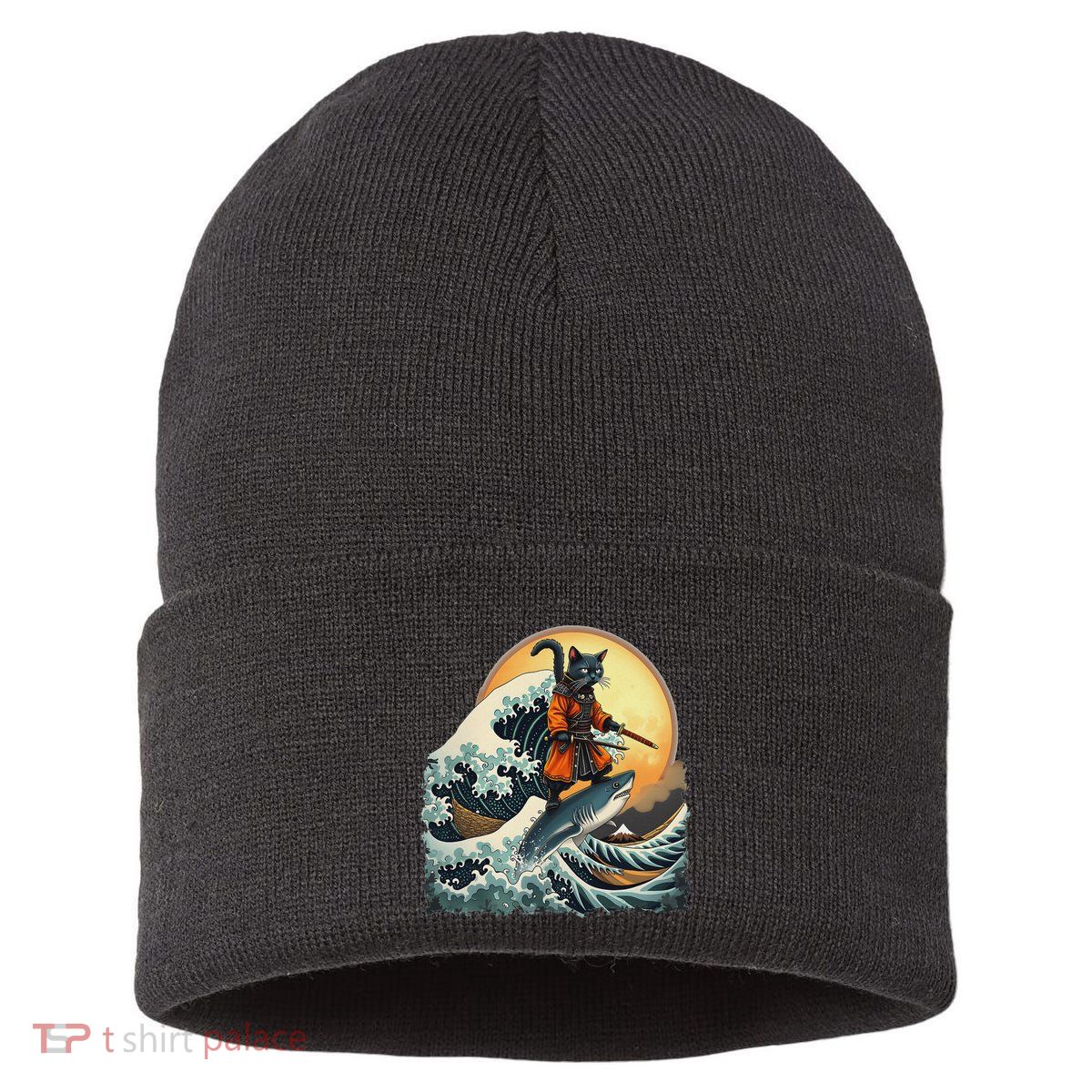 Samurai Cat Riding Shark Epic Wave Cat Lovers Costume Sustainable Knit Beanie