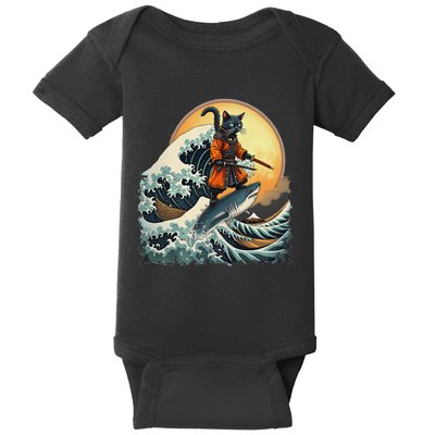 Samurai Cat Riding Shark Epic Wave Cat Lovers Costume Baby Bodysuit