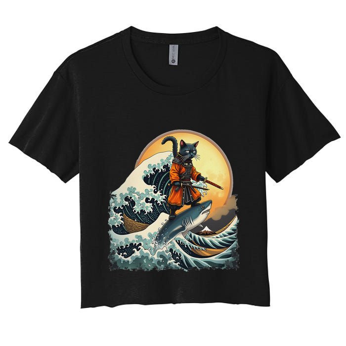 Samurai Cat Riding Shark Epic Wave Cat Lovers Costume Women's Crop Top Tee
