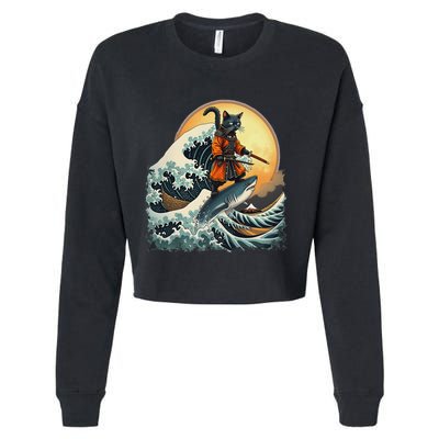 Samurai Cat Riding Shark Epic Wave Cat Lovers Costume Cropped Pullover Crew
